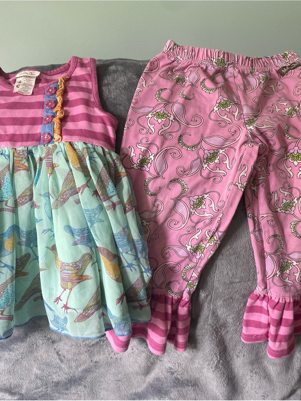 Matilda Jane Pink Striped bird Top with matching ruffle Pink Floral Pants Sz 4